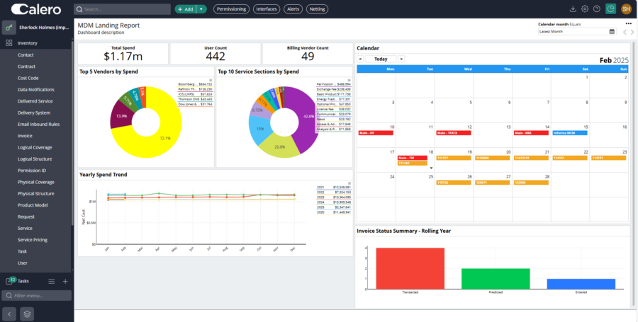 Market Data Management Landing Report in Calero Application