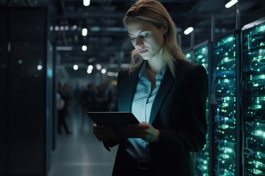 Successful Female Data Center IT Specialist Using Tablet Computer