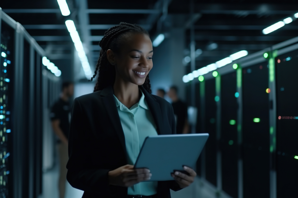 Successful Female Data Center IT Specialist Using Tablet Computer